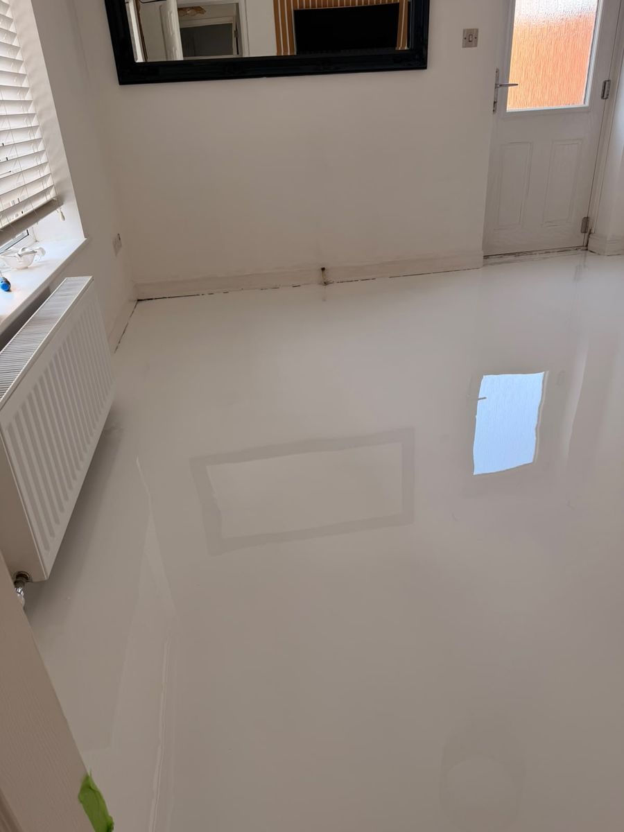 White marble effect resin floor in a living room